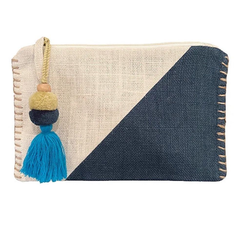 Sydney Byron Suncatcher Zippered Pouch Navy & White Beach Boho Jute Tassel NWOT - Picture 1 of 5